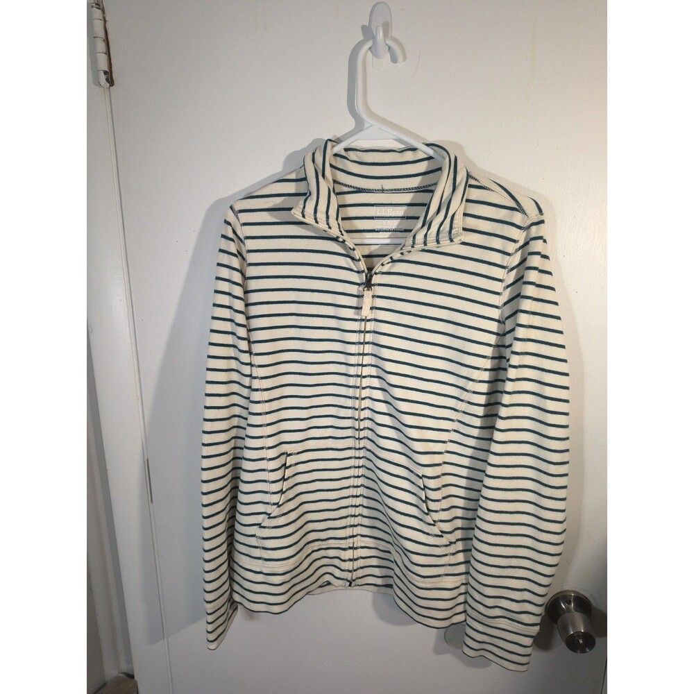 LL Bean Full Zip Jacket Womens Small Striped Cotton Spandex Mock Neck Cream...